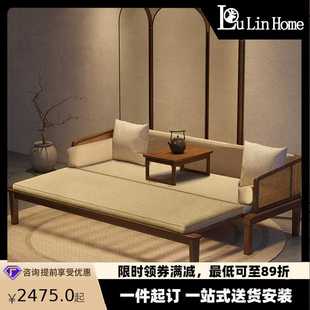 藤编实木沙发床可推拉小户型家用客厅伸缩两用沙发民宿酒店 新中式