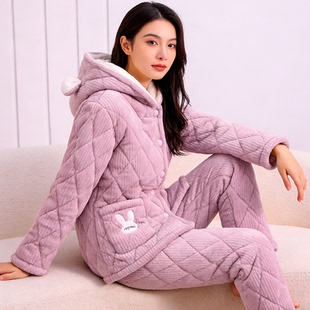 珊瑚绒睡衣女士冬季简约男士轻奢加厚加绒三层夹棉家居服新可外穿