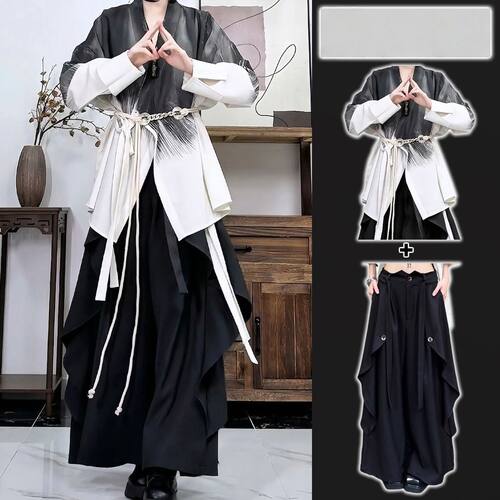 两件套武侠风春秋季黑白撞色新中式水墨渐变交领汉服衬衣套装cos