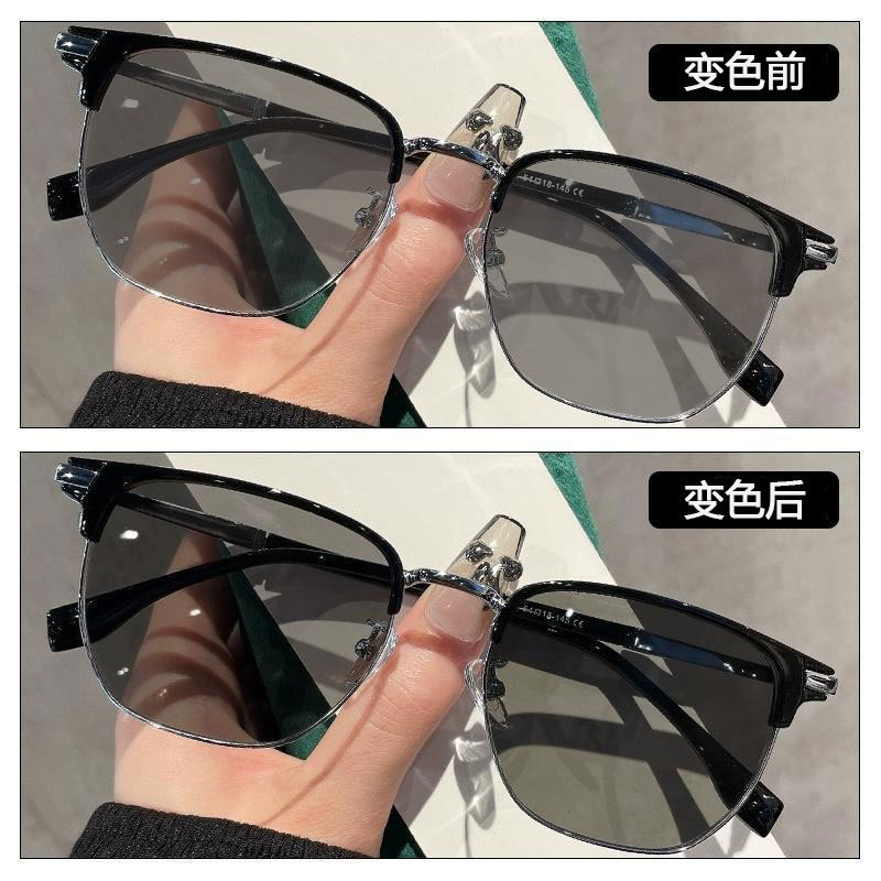 复古眉形框自动变色墨镜超轻港风痞帅防紫外线遮阳太阳眼镜L