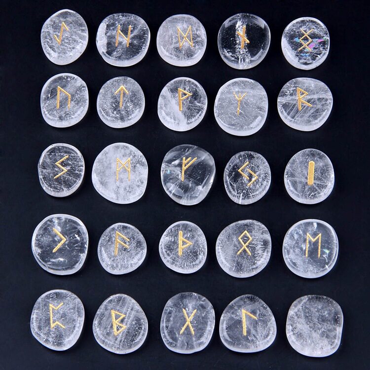 北欧古文白水晶卢恩石天然水晶原石裸石符文如尼石 25个一套