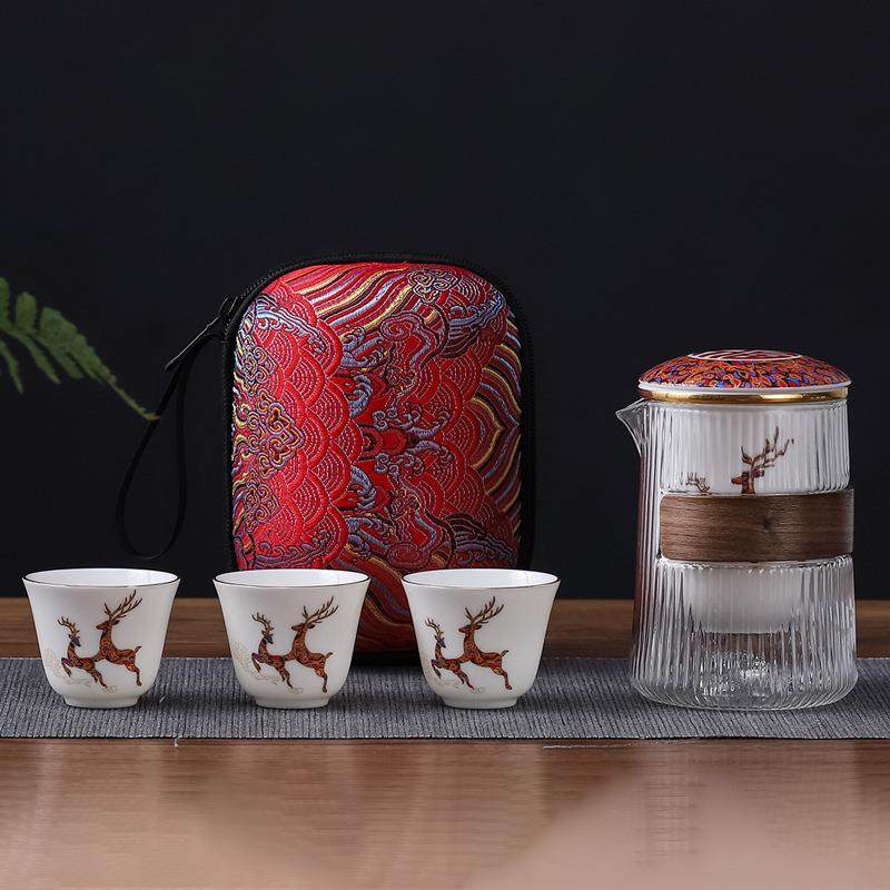 新品户外随身玻璃壶三个快客杯便携包式陶瓷旅行便携茶具套装