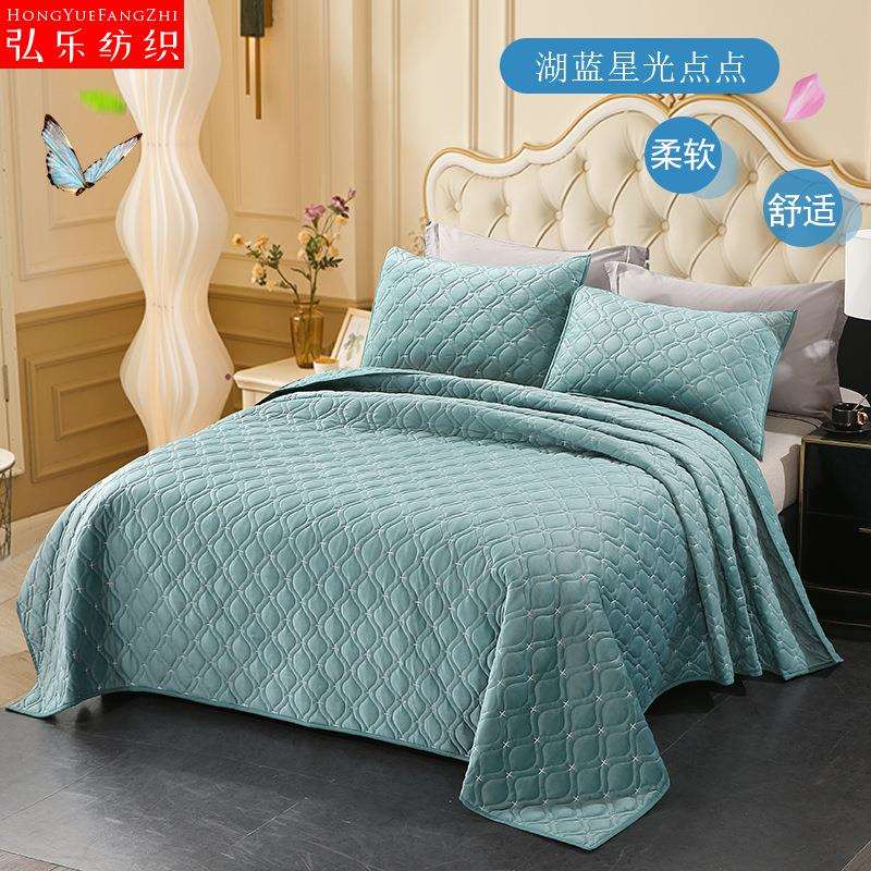 新款水晶绒床盖湖蓝色星光绗缝被三件套欧式简约床上用品