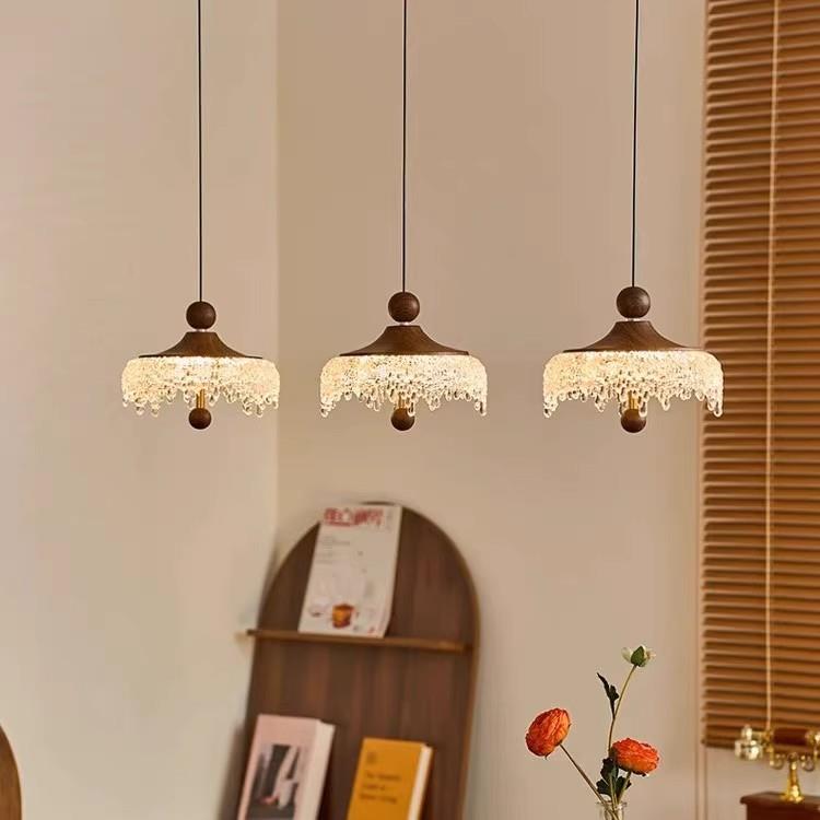 中古风餐厅吊灯升降复古胡桃木纹创意水滴灯饰冰山三头饭厅餐桌灯