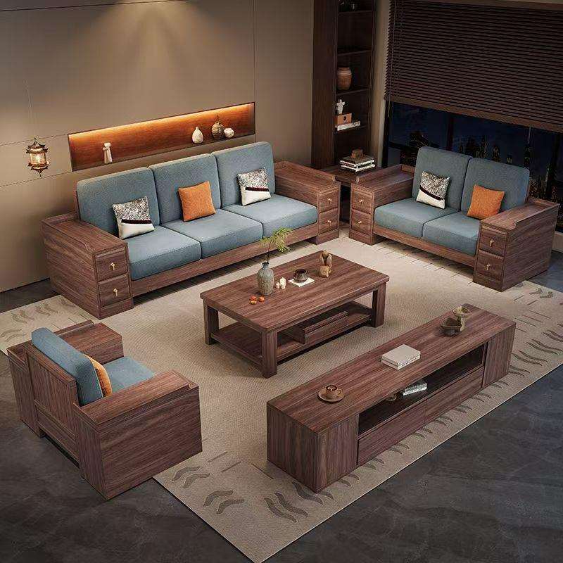 黑胡桃实木沙发组合新中式现代简约贵妃布艺储物大小户型客厅家具