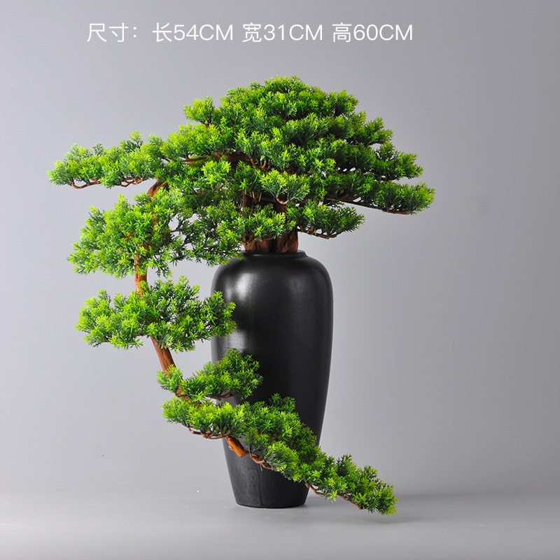 仿真迎客松盆景摆件崖柏根雕木制工艺品客厅中式家具展厅装饰摆件
