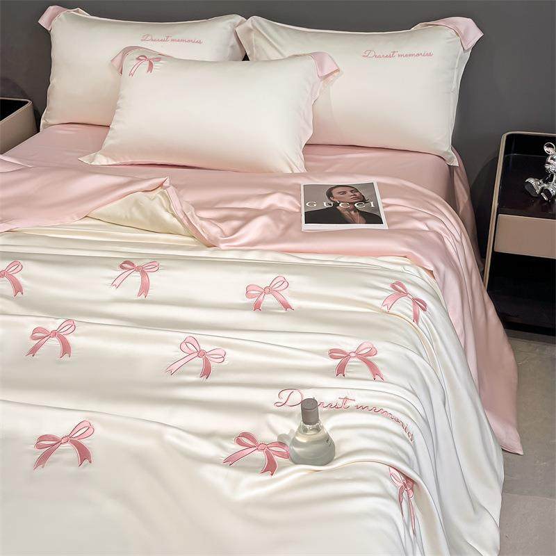 春夏季新款水洗冰丝刺绣家用床上用品四件套学生宿舍小清新三件套