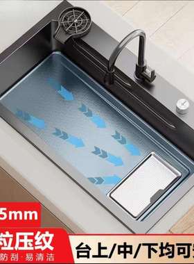 厨房集渣水槽大单槽家用加厚SUS304不锈钢单槽过滤网黑色