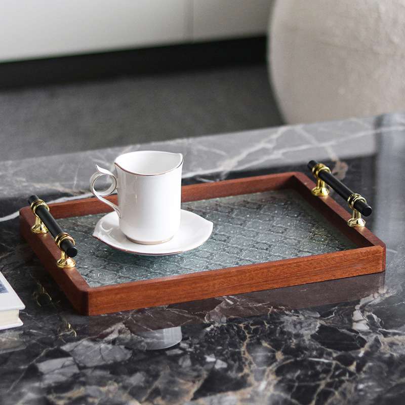 复古提手茶水长方形实木茶盘玻璃托盘摆件新中式样板间古风装饰品