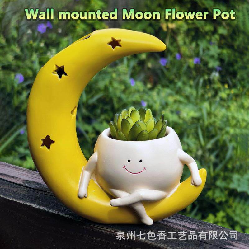 太阳能灯壁挂悬挂月亮花盆花园树脂工艺品摆件热卖别墅庭院灯