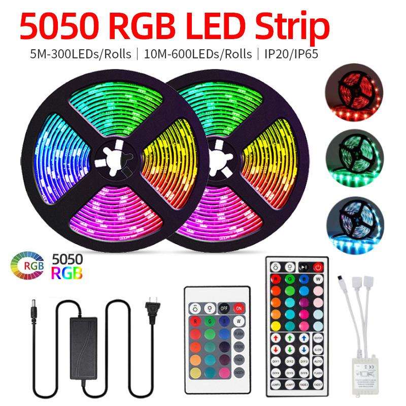 LED七彩氛围灯带5050RGB滴胶防水软灯条12V低压10米英文版套装