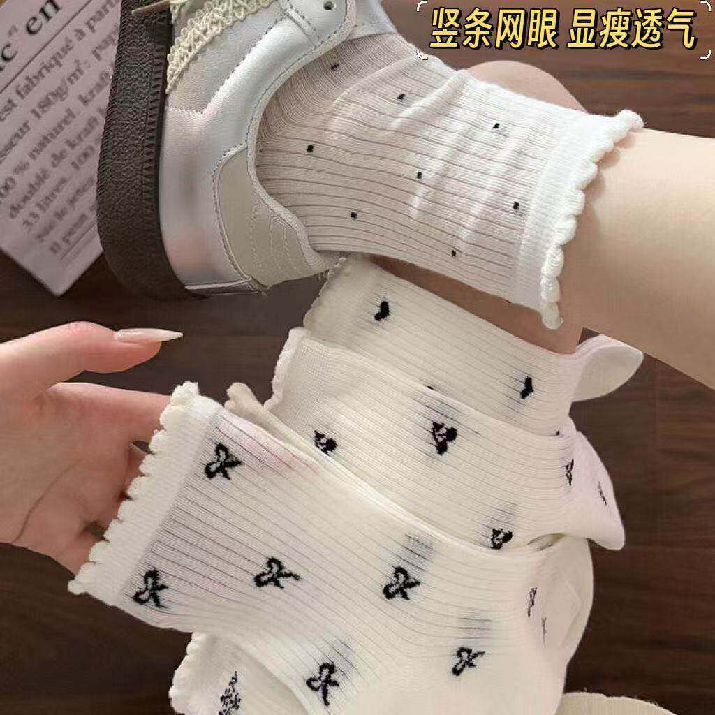 白色中筒袜女夏季薄款网眼透气日系蝴蝶结木耳边花边中筒袜堆堆袜