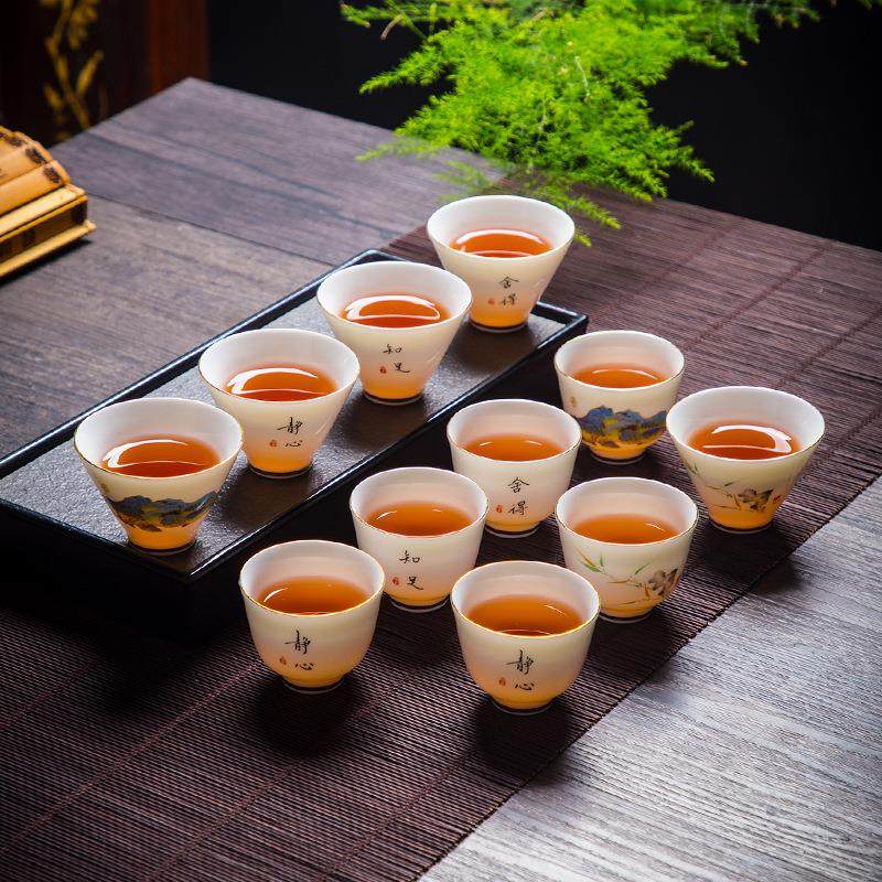 羊脂玉茶杯 品茗杯德化白瓷敬茶杯手工描金功夫茶具家用单杯茶盏