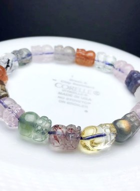 天然水晶手链 貔貅手串 多宝多色 雕刻件 发晶 幽灵 超七 拉长石