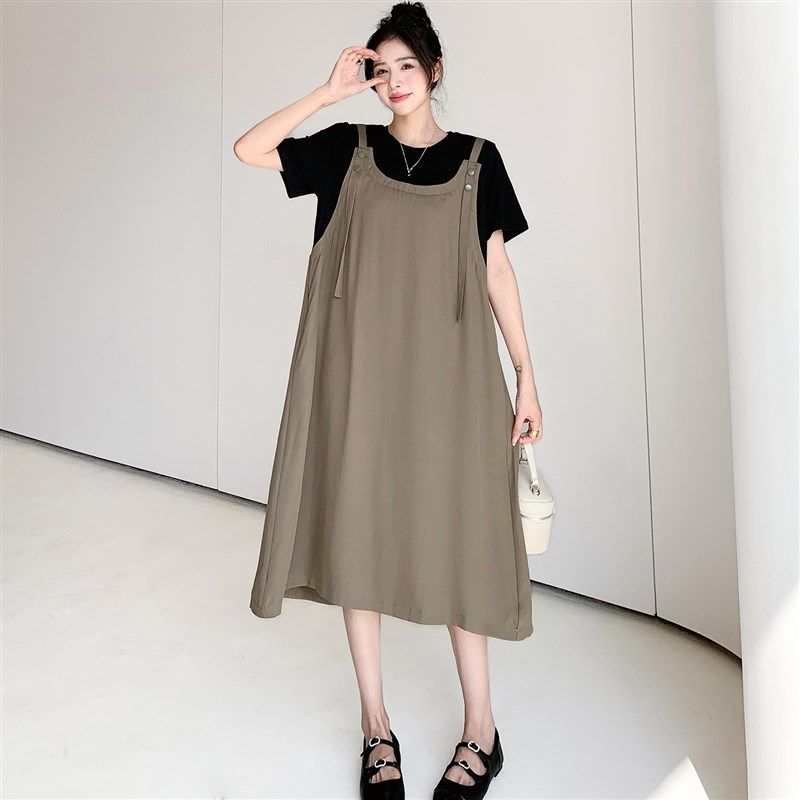 拼接假两件连衣裙女2025夏季新款韩系大码宽松减龄遮肉短袖A字裙,女装/女士精品,连衣裙,淘宝优惠券,粉丝福利购,淘宝优惠卷