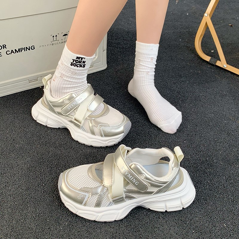 包头魔术贴厚底运动凉鞋女2025夏季F新款镂空老爹鞋网面透气洞洞