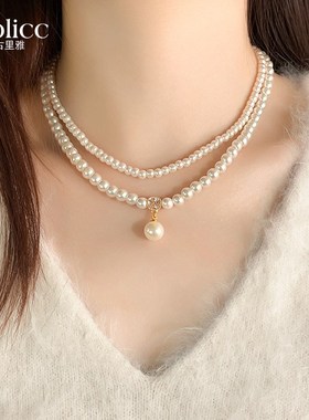 双层叠戴方糖珍珠吊坠项链女款2024新款爆款高级感配饰毛衣锁骨链