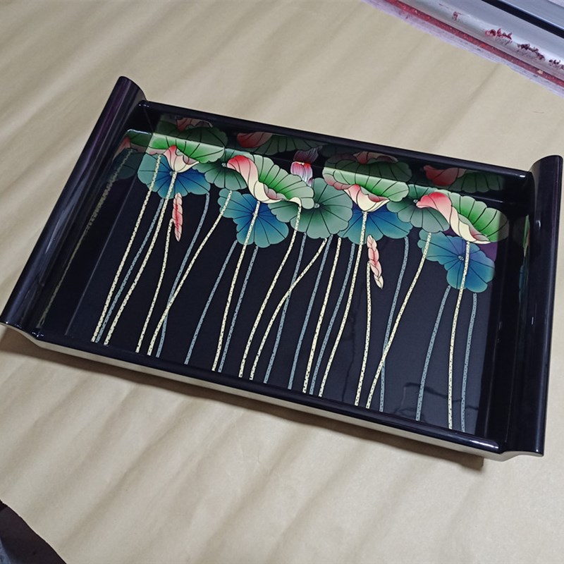推光漆器手绘盘子木质贴金描金彩绘漆画双耳大托盘中式漆器茶餐盘