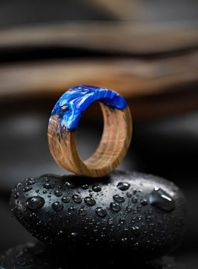 蓝色带戒指,木质树脂戒指,个性化环氧树脂戒指,海洋树脂首饰