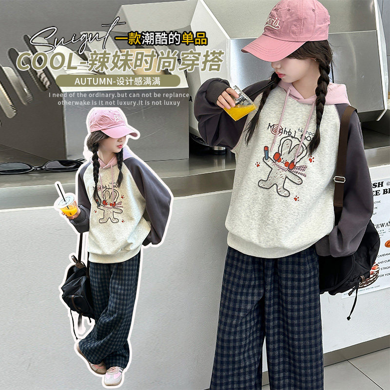 春秋套装女孩小学生新款连帽卫衣格子裤两件套纯棉