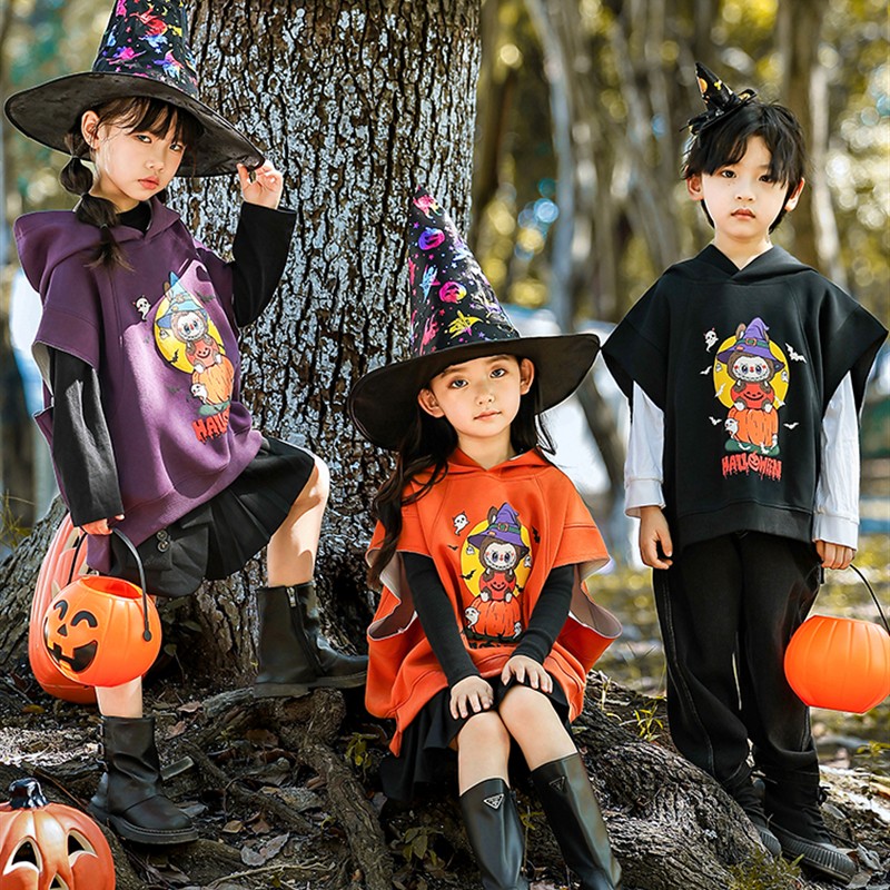 儿童万圣节服装cosplay服男童连帽无袖背心蝙蝠衫南瓜女童穿搭