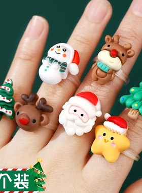 圣诞节公仔贴片戒指儿童女孩雪人麋鹿圣诞老人卡通手指环礼物戒指