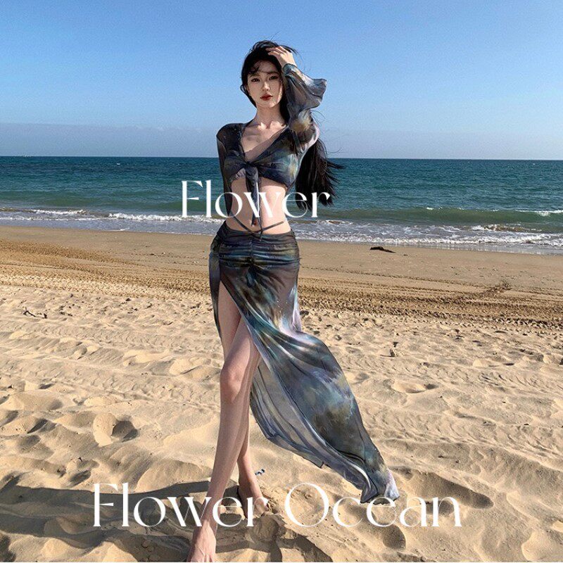 【乌托邦】蓝绿色晕染泳衣四件套分体温泉海边沙滩长裙修身比基尼