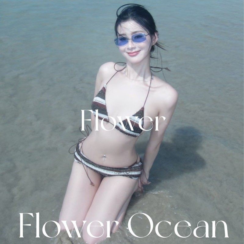 【Jennie同款】复古条纹性感bikini四件套温泉海边度假风新款泳衣