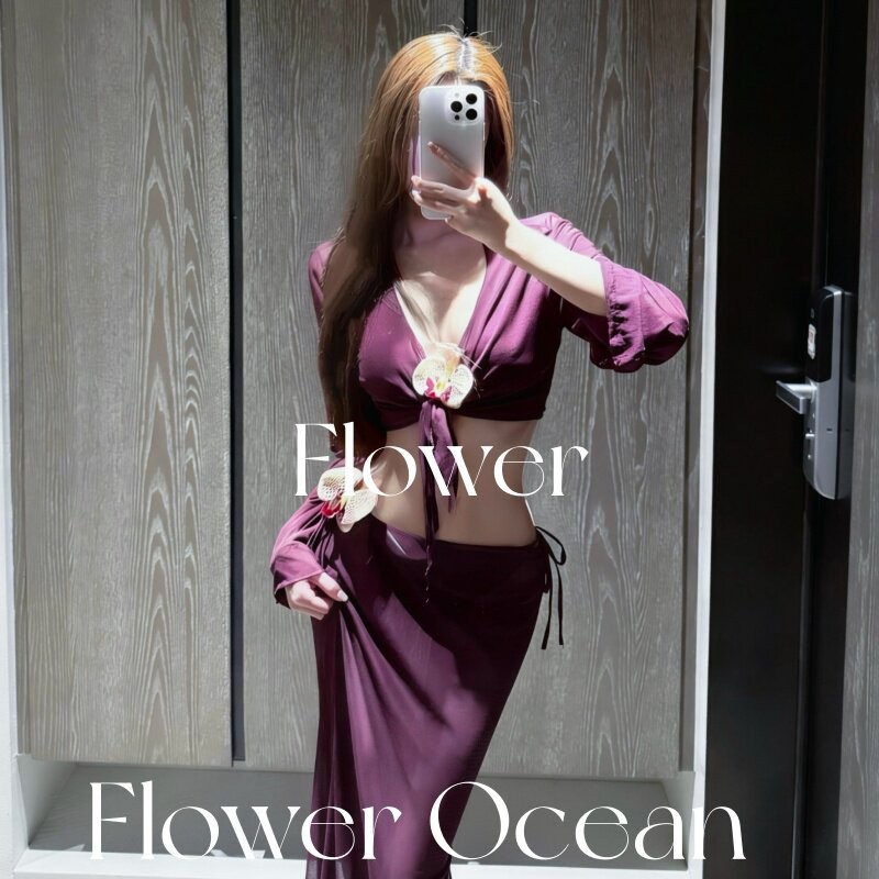 【紫啧】高级感性感bikini分体三件套长裙式泡温泉度假海边泳衣女