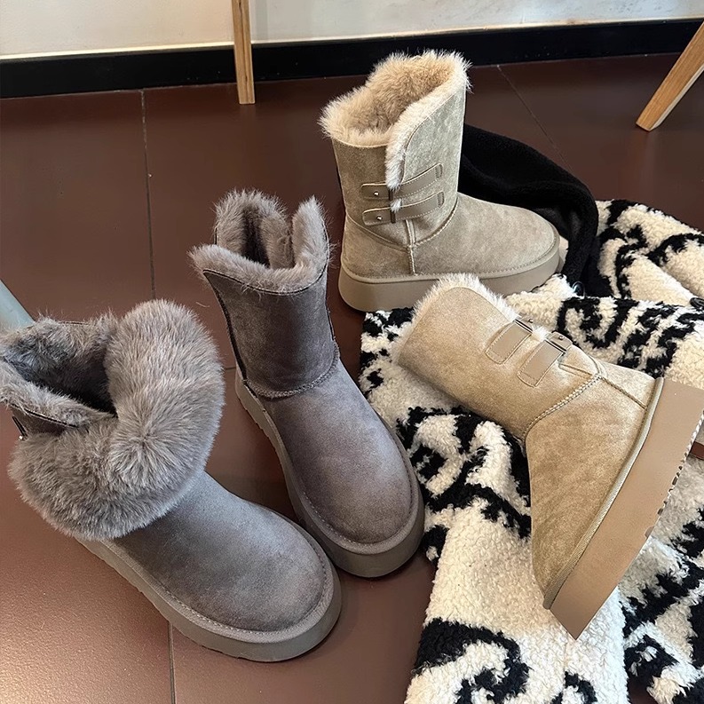 真皮厚底皮带扣皮毛一体雪地靴