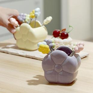 陶瓷水果叉收纳罐果叉罐套装奶油风高颜值叉子甜品勺多用途