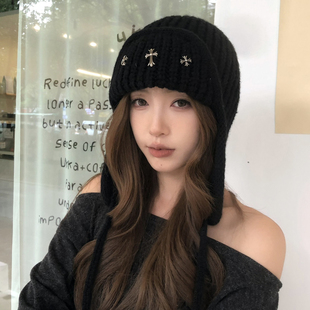 十字架护耳帽飞行帽针织帽小众保暖潮男女帽子情侣 猫仔kitten