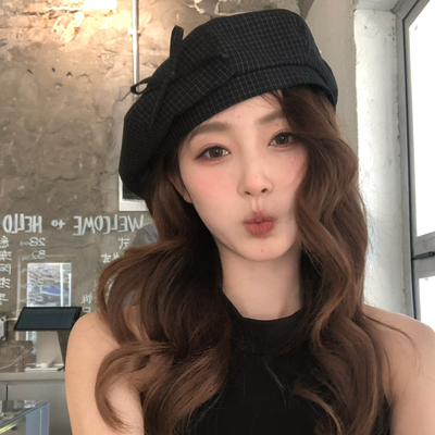 【猫仔kitten】黑色蝴蝶结贝雷帽格子复古画家帽甜美显脸小帽子