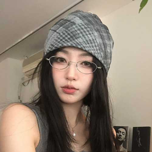 【猫仔kitten】韩版复古格子包头帽时尚显脸小秋季时尚套头帽女士