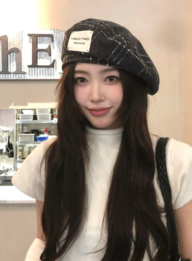 【猫仔kitten】时尚格纹贝雷帽秋冬复古休闲小众帽子显脸小画家帽