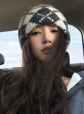 【猫仔kitten】菱格毛线帽黑白条纹针织帽子秋冬大头围显脸小冷帽