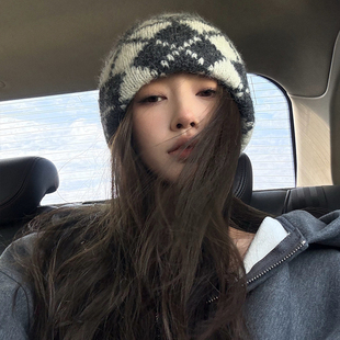 菱格毛线帽黑白条纹针织帽子秋冬大头围显脸小冷帽 猫仔kitten