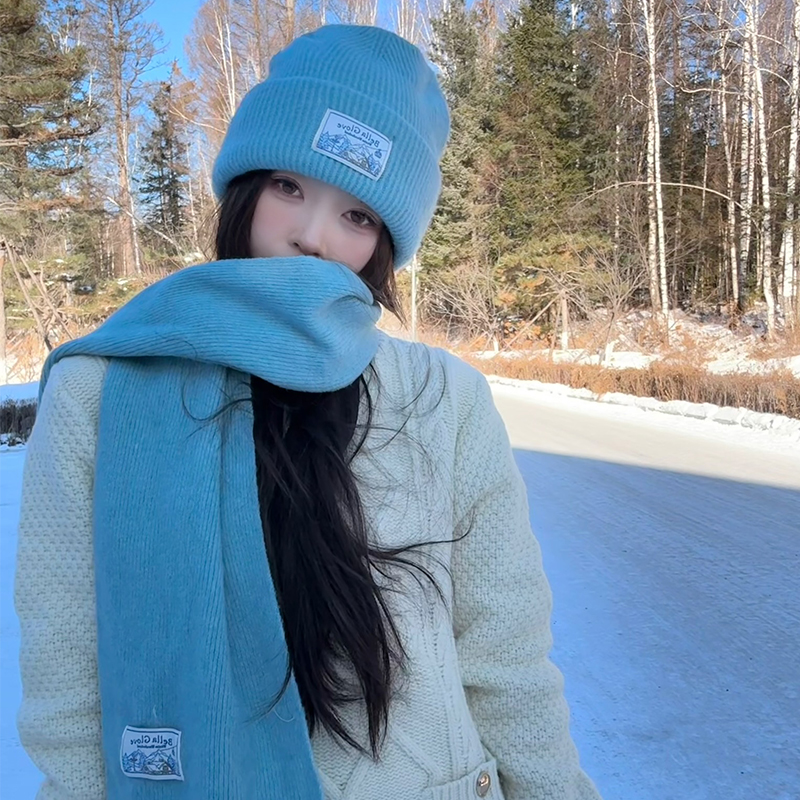 【猫仔kitten】蓝色针织帽围巾手套套装毛线帽百搭纯色简约帽子女