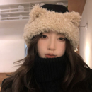 可爱小熊耳朵毛绒帽子女秋冬护耳保暖骑车防风帽子 猫仔kitten