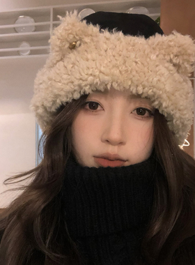 【猫仔kitten】可爱小熊耳朵毛绒帽子女秋冬护耳保暖骑车防风帽子