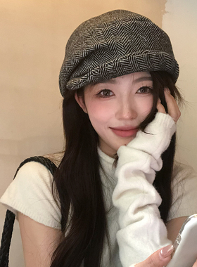 【猫仔kitten】条纹百搭休闲弯檐帽子秋冬贝雷帽时尚复古画家帽女