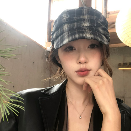 【猫仔kitten】慵懒百搭皱褶格子鸭舌帽春夏薄款显脸小帽子平顶帽