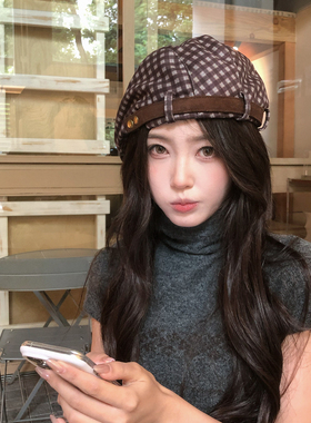 【猫仔kitten】圆顶复古时尚潮流格子前进帽秋冬休闲韩版贝雷帽女