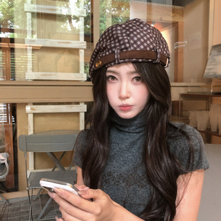 【猫仔kitten】圆顶复古时尚潮流格子前进帽秋冬休闲韩版贝雷帽女