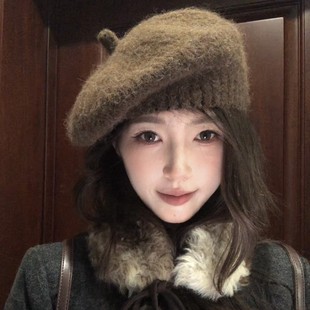 秋冬韩系百搭针织帽女保暖贝雷帽显脸小文艺画家帽 猫仔kitten