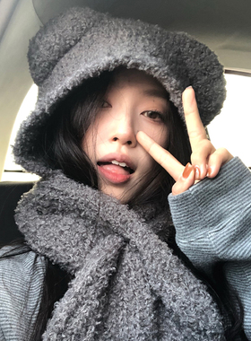 【猫仔kitten】可爱小熊耳朵帽子围脖一体式保暖针织毛线帽女冬季