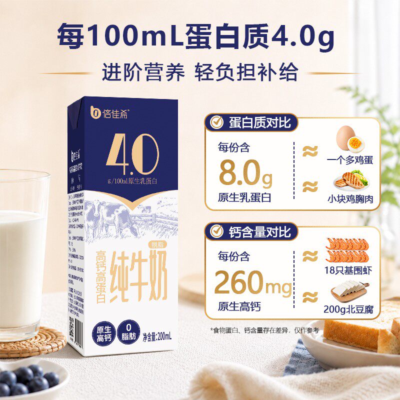 4.0蛋白130mg高钙倍佳希脱脂纯牛奶营养健身补钙控脂控糖ZB