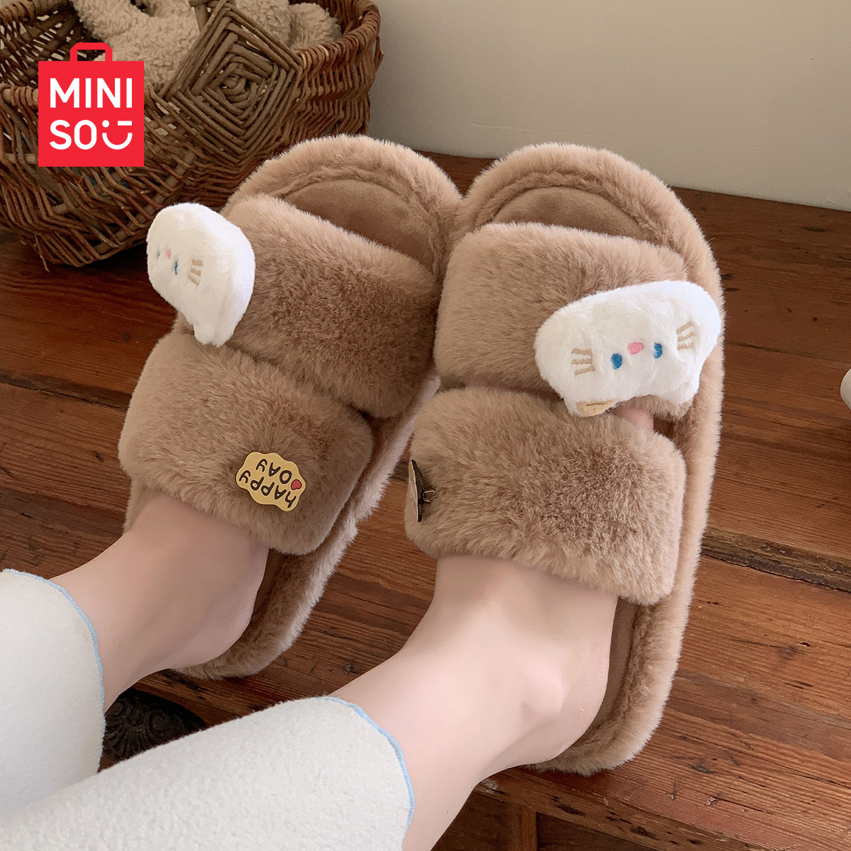名创优品可爱毛毛拖鞋女款秋冬季2025新款外穿居家室内一字棉拖鞋