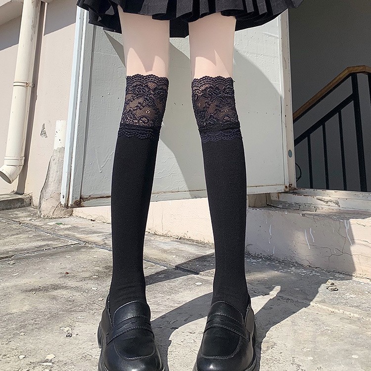 白色蕾丝花边小腿袜女洛丽塔中长筒过膝袜配高筒靴甜美大腿堆堆袜