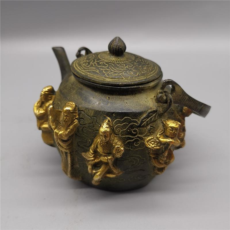 新款直销黄铜仿古茶壶酒壶紫铜色鎏金八仙人物茶壶文玩收藏礼品摆